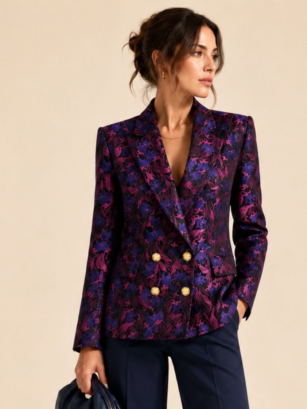 Vintage Metallic Jacquard Floral Double Breasted Blazer Gold Buttons Sz 6